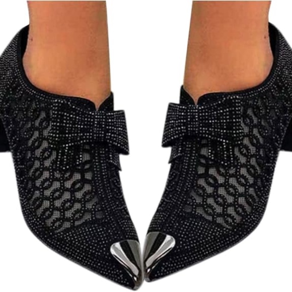 Sparkly Rhinestone Sandal Bootie Bowknot Pointed Toe Net Yarn Chunky Heel, 10.5 - Picture 4 of 16